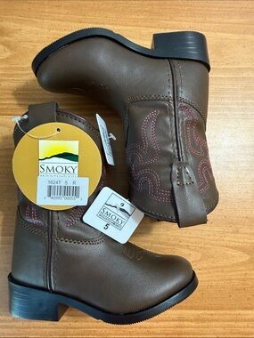 Smoky Kids Brown Western Boots with Pink Stitching